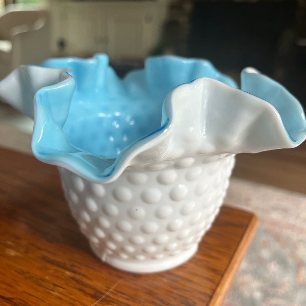 Kanawha Hobnail Milk Glass Blue Overlay Round Crimped Bowl Vase